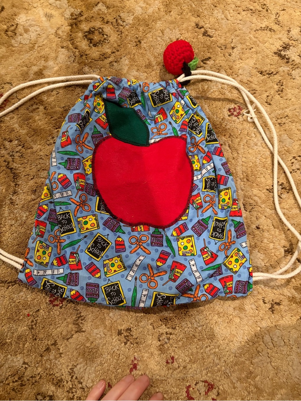 Kids Back to School appliqued Drawstring Backpack with Red Apple Accent casual